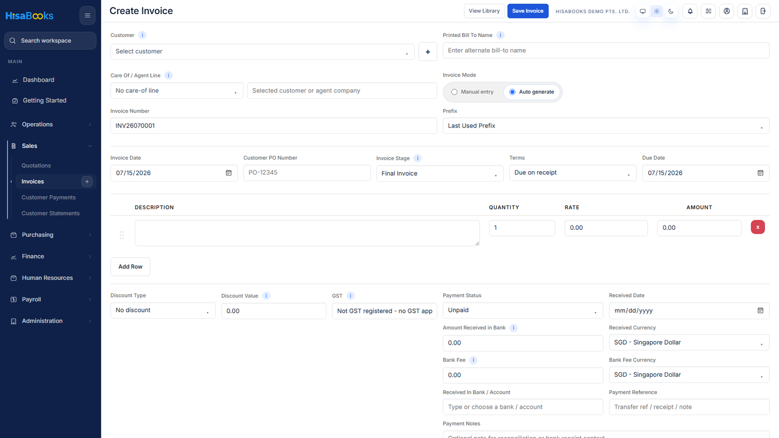 Select the customer and add invoice lines