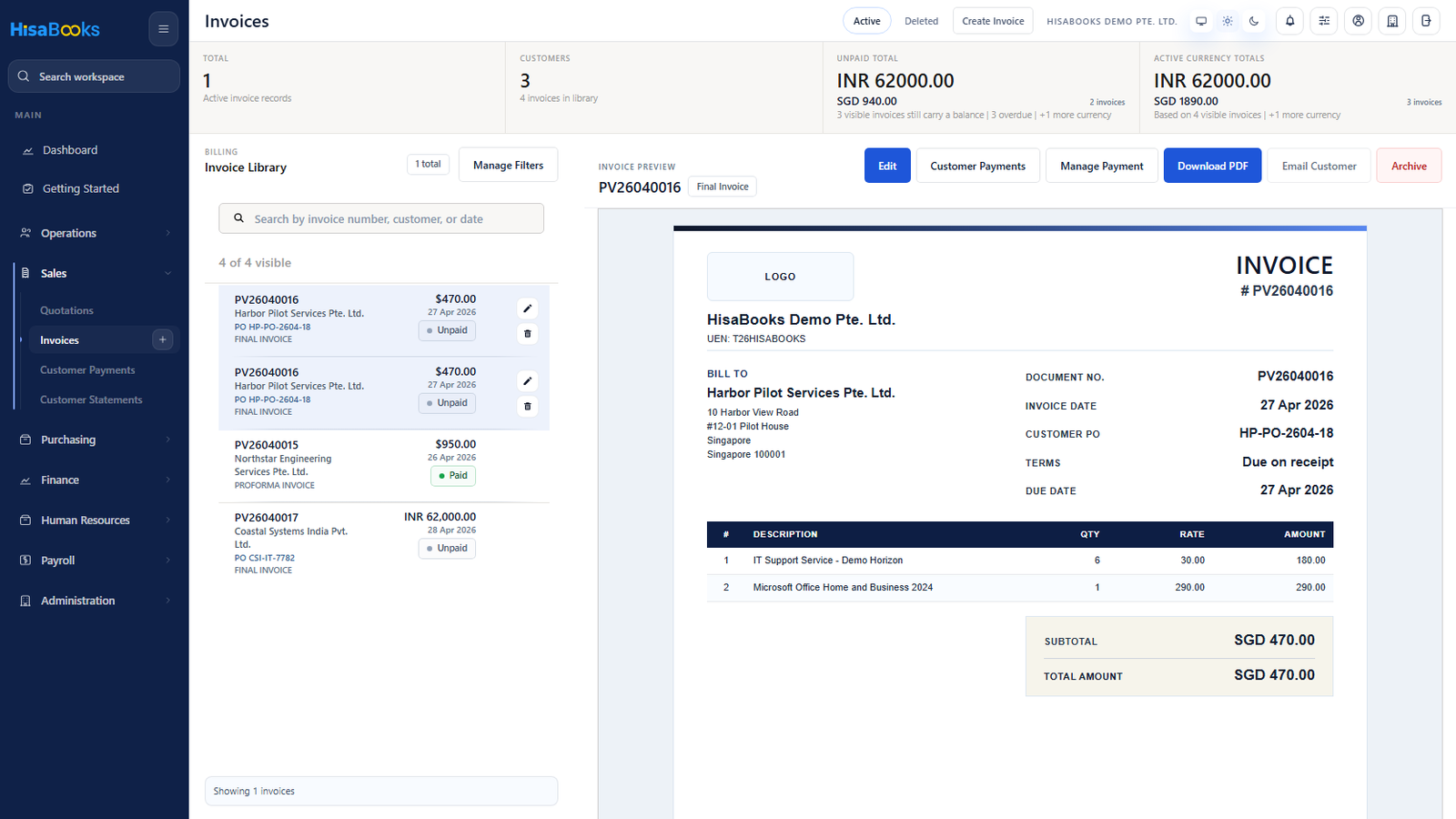 Billing & Finance in HisaBooks