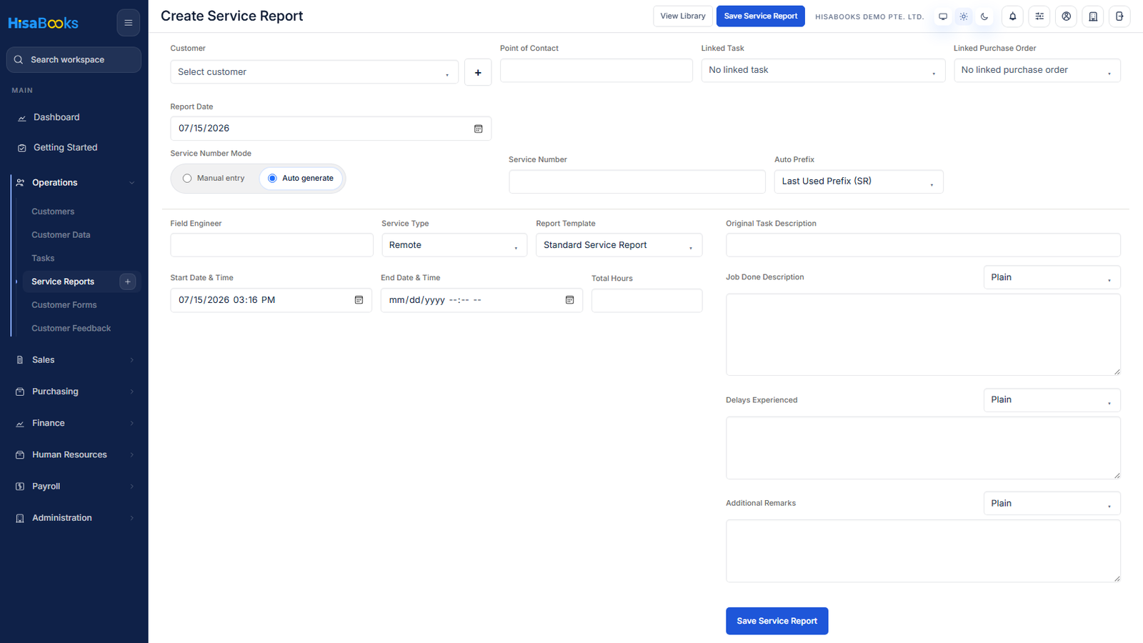 Open a service report with job details