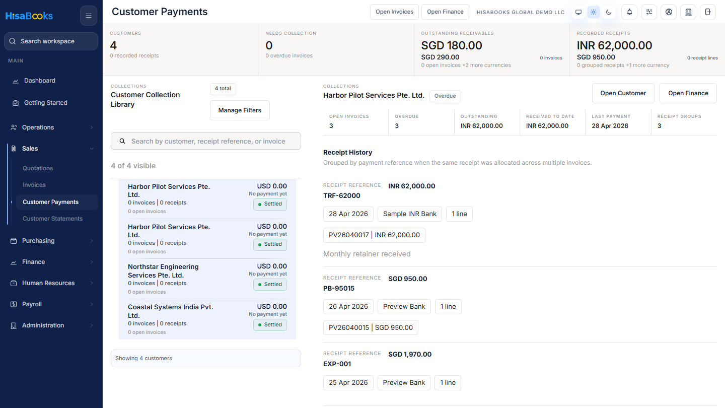 Customer payments screen