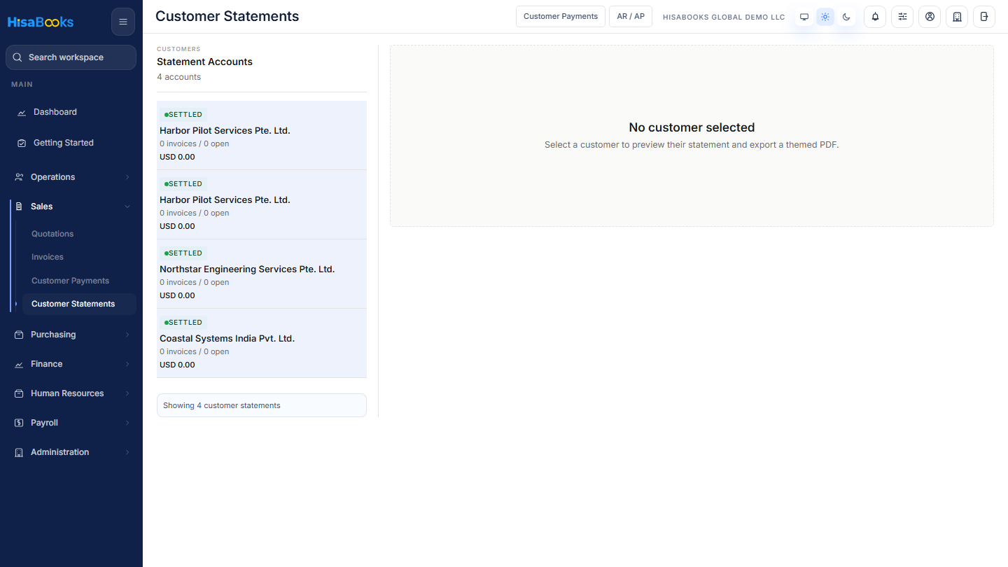 Customer statements screen