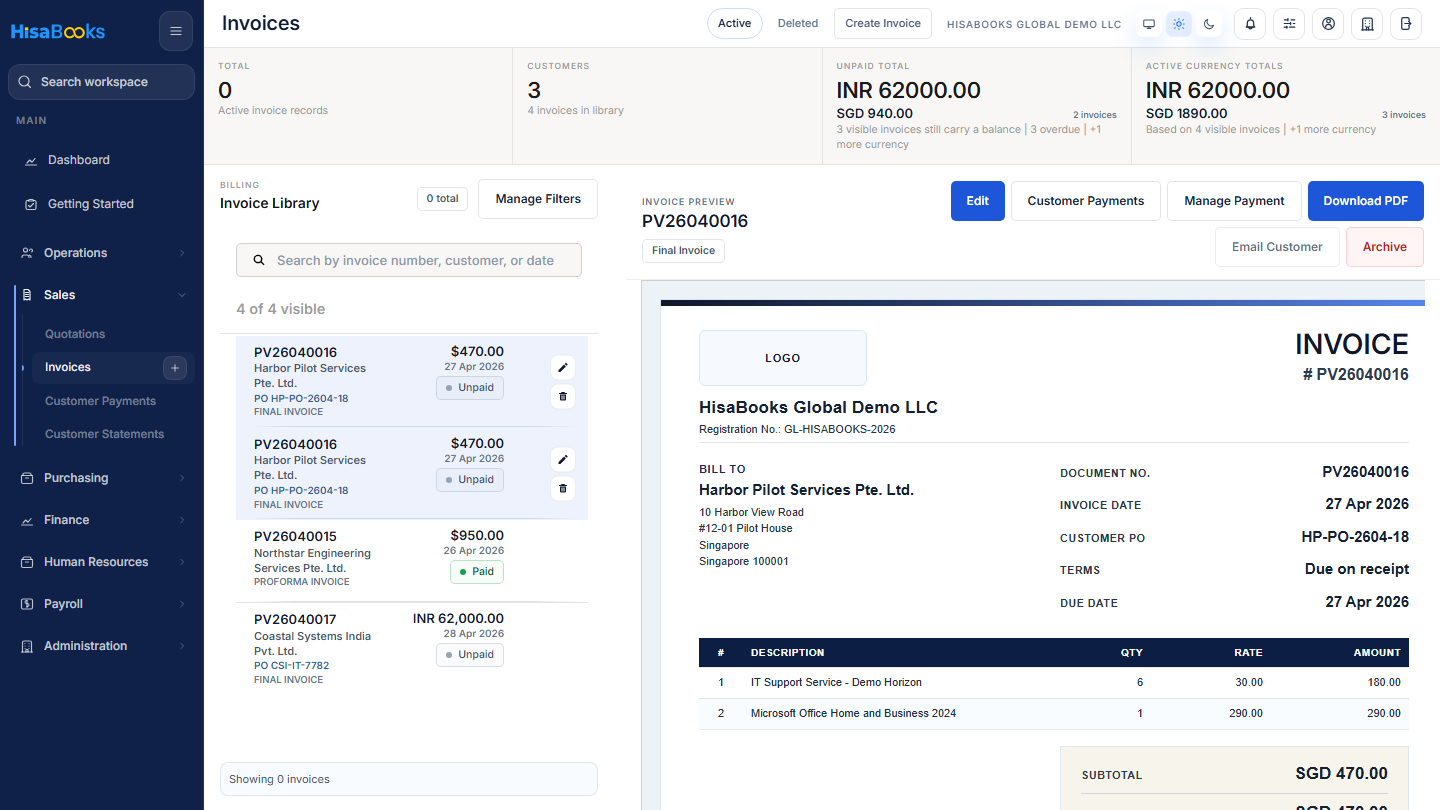 Invoices screen