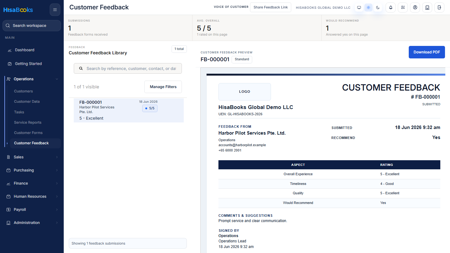 Customer feedback screen
