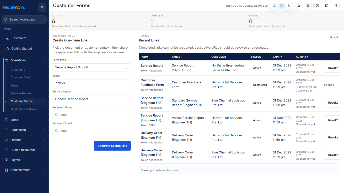 Customer form links screen