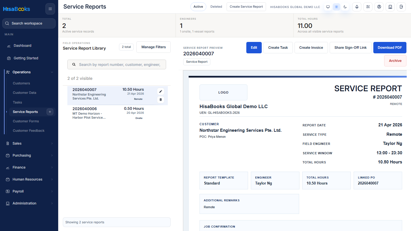 Service reports screen