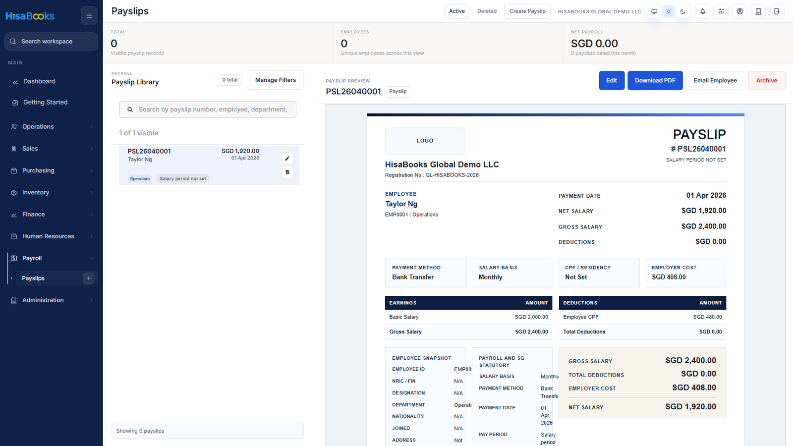 Payslips screen