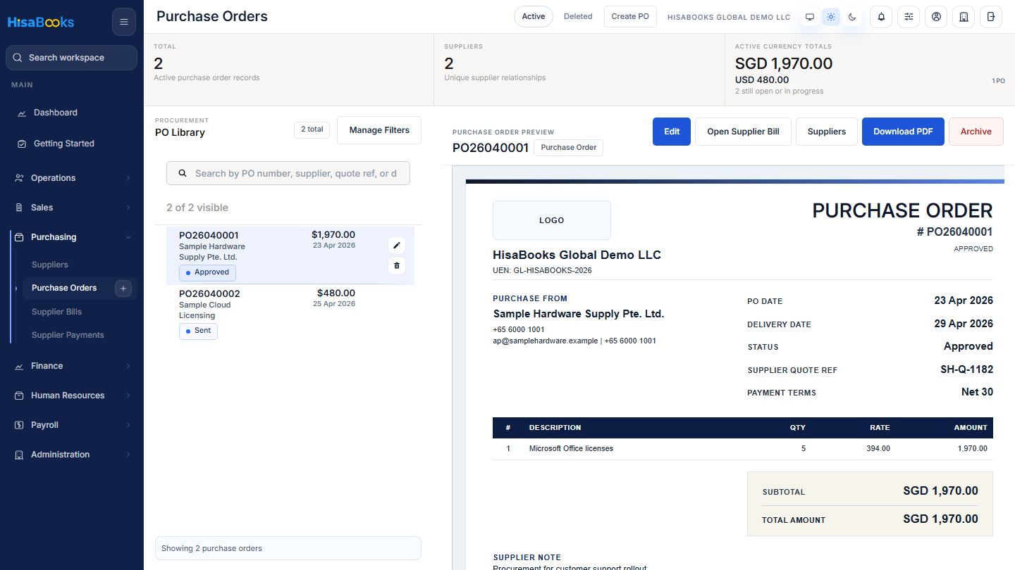 Purchase orders screen
