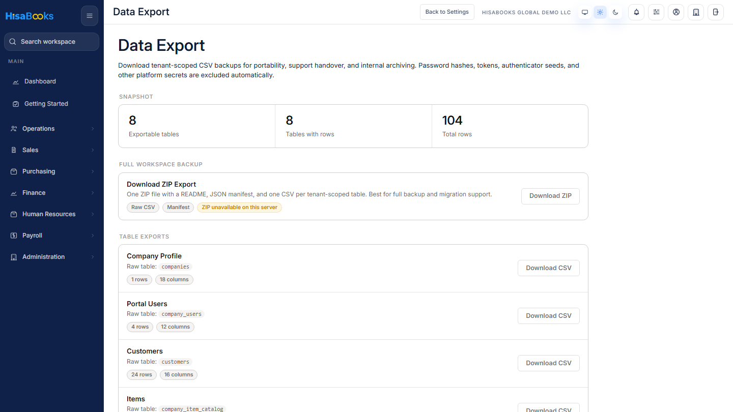 Data export screen