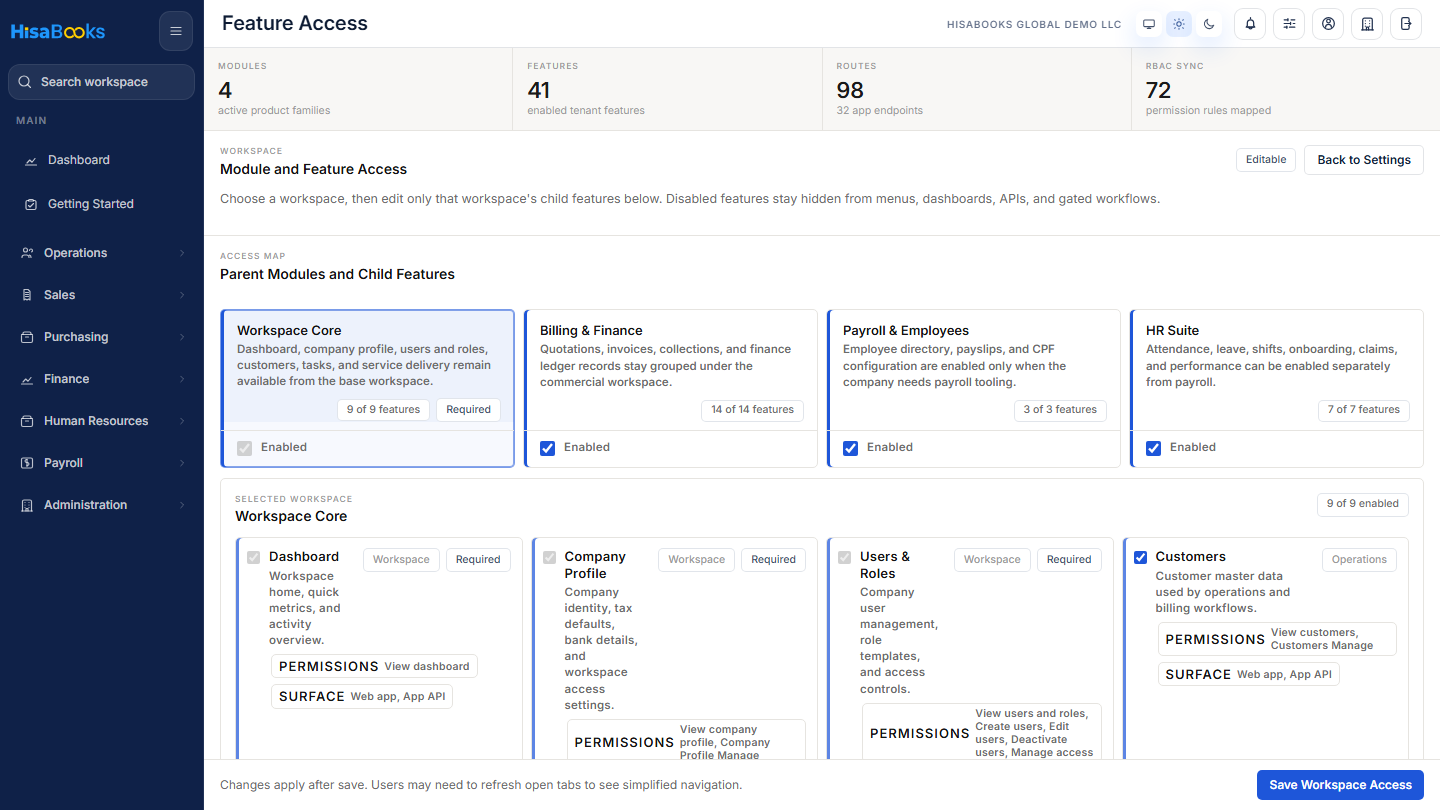 Feature access screen