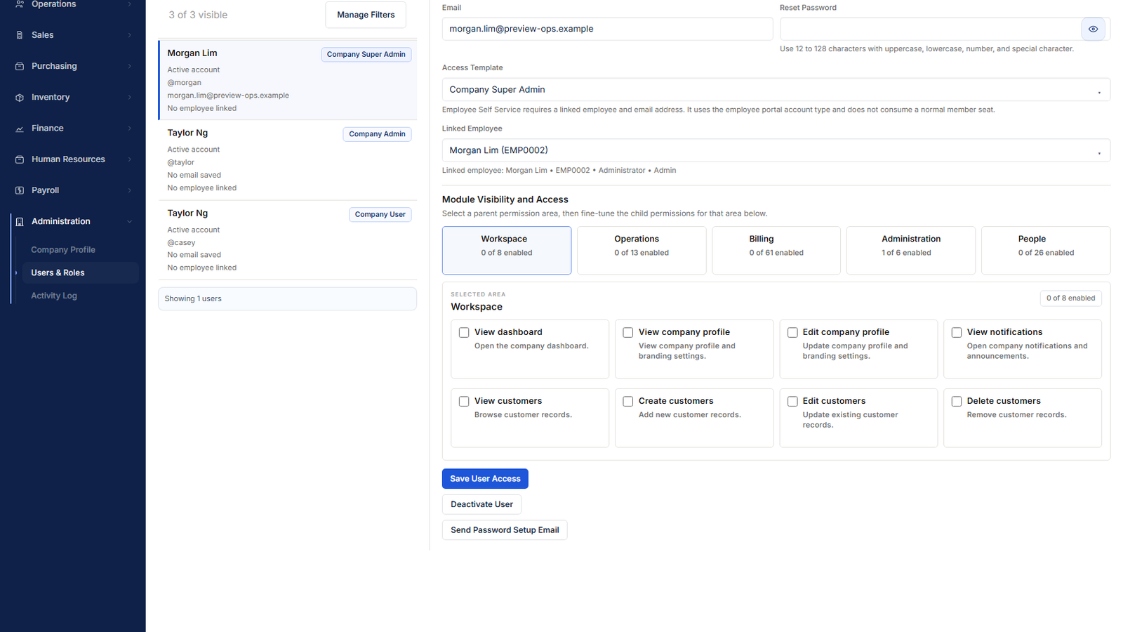 Roles screen