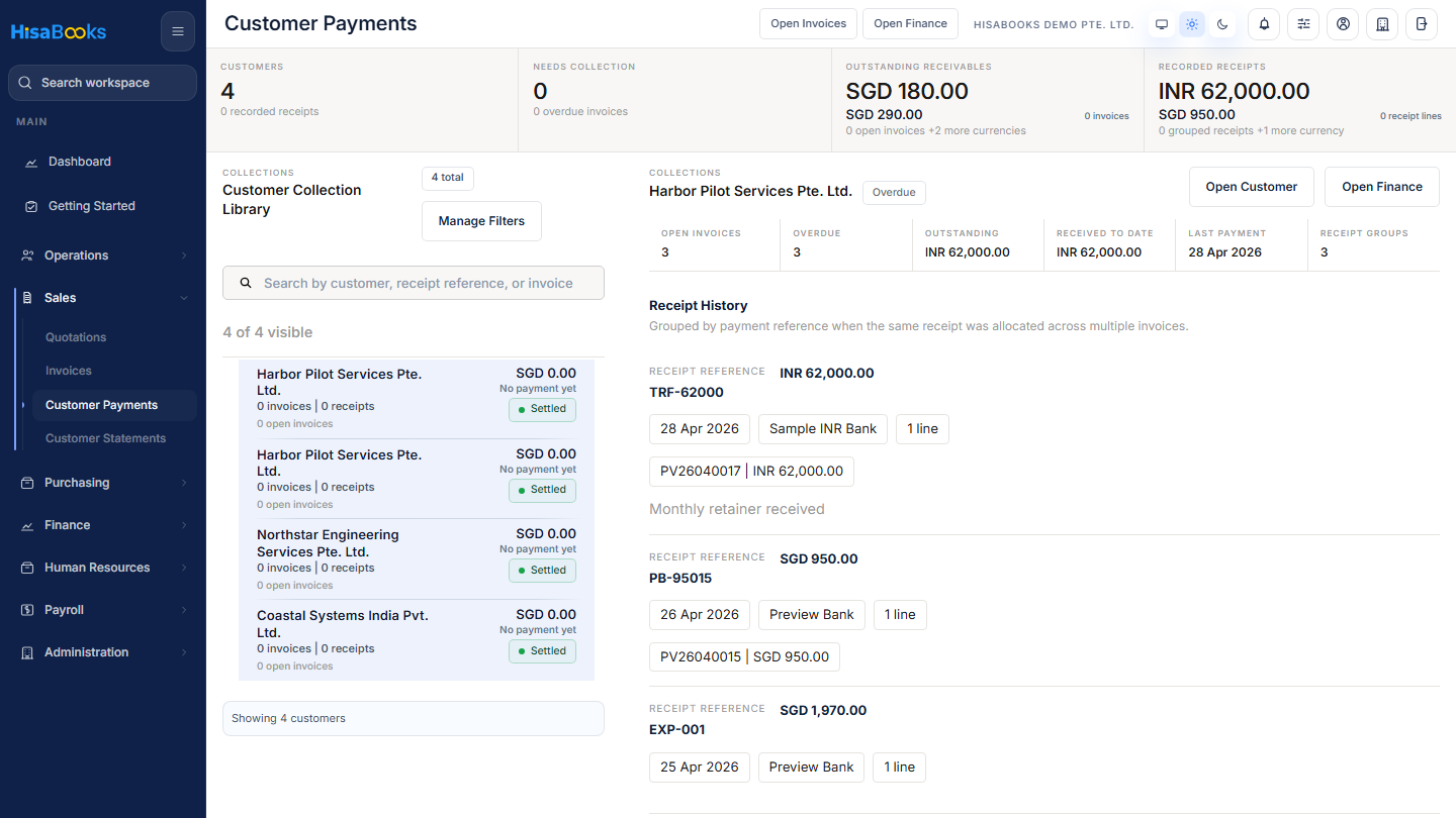 Customer payments screen