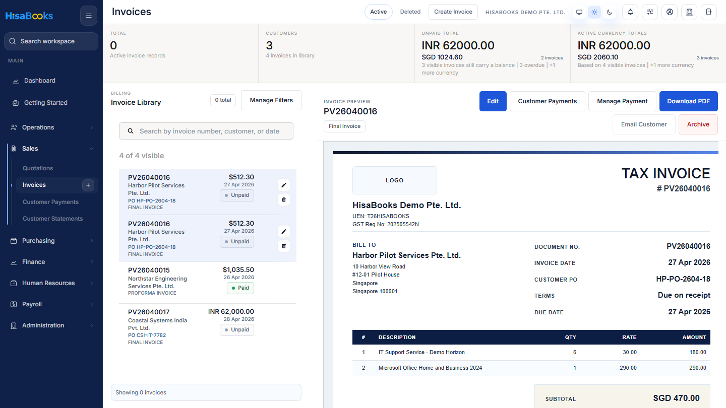 Invoices screen