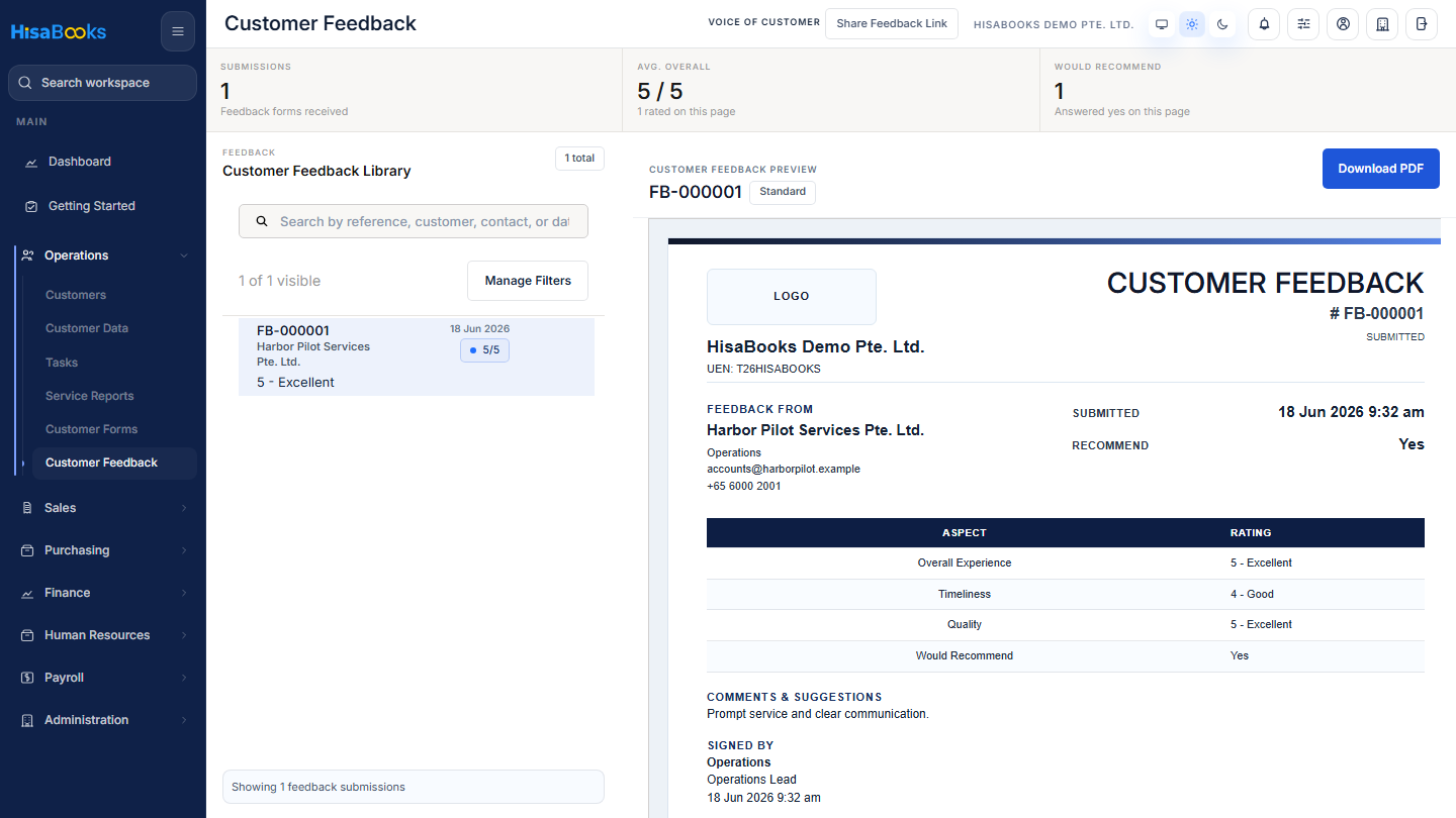 Customer feedback screen