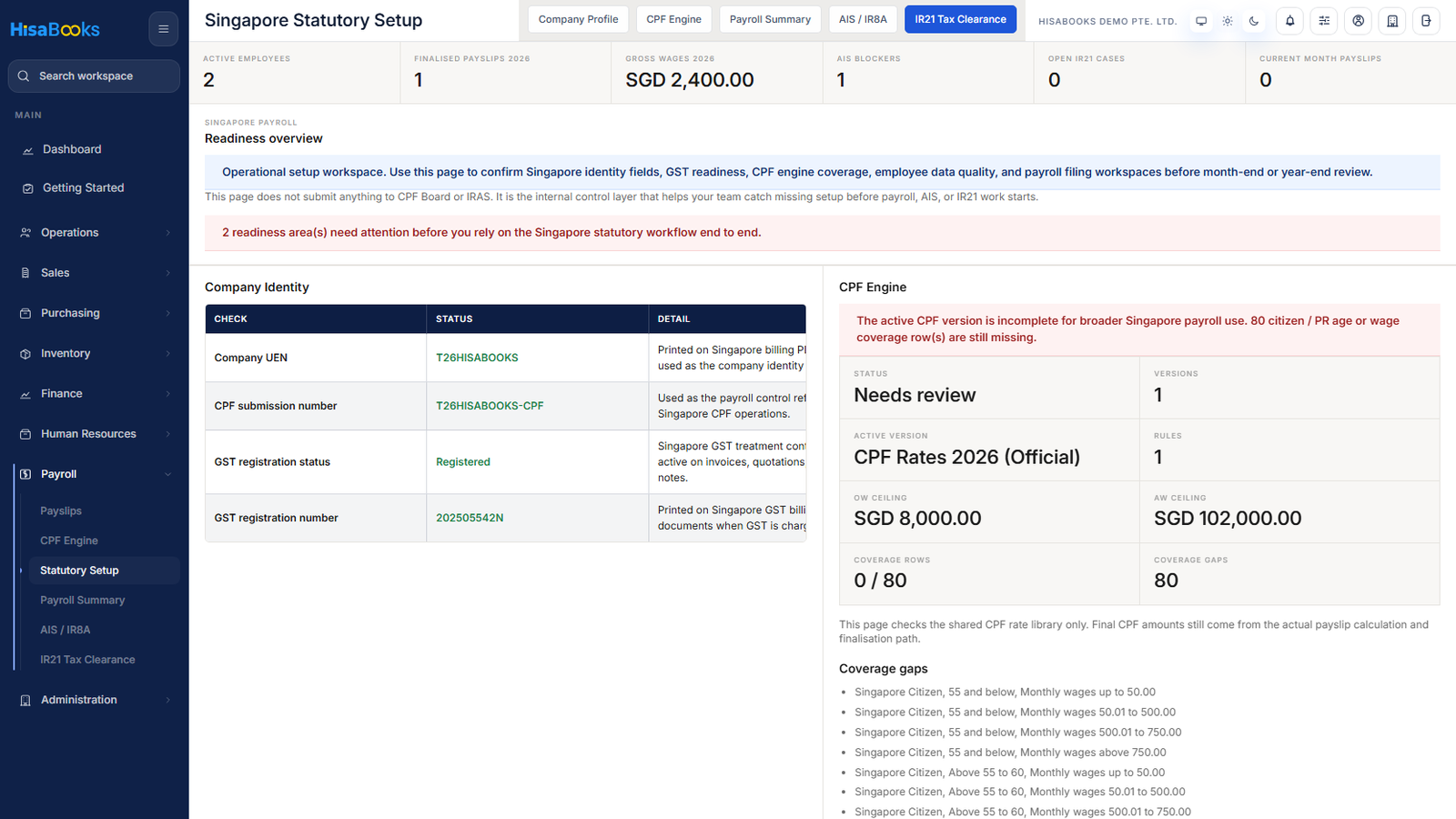 Singapore statutory payroll screen