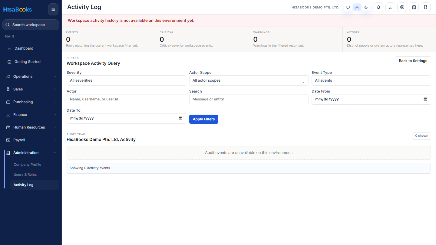 Activity log screen