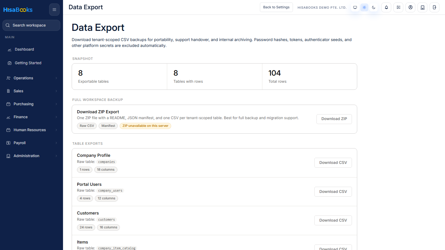 Data export screen