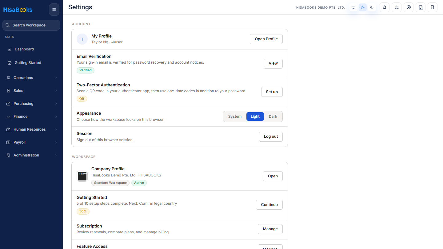 Settings screen