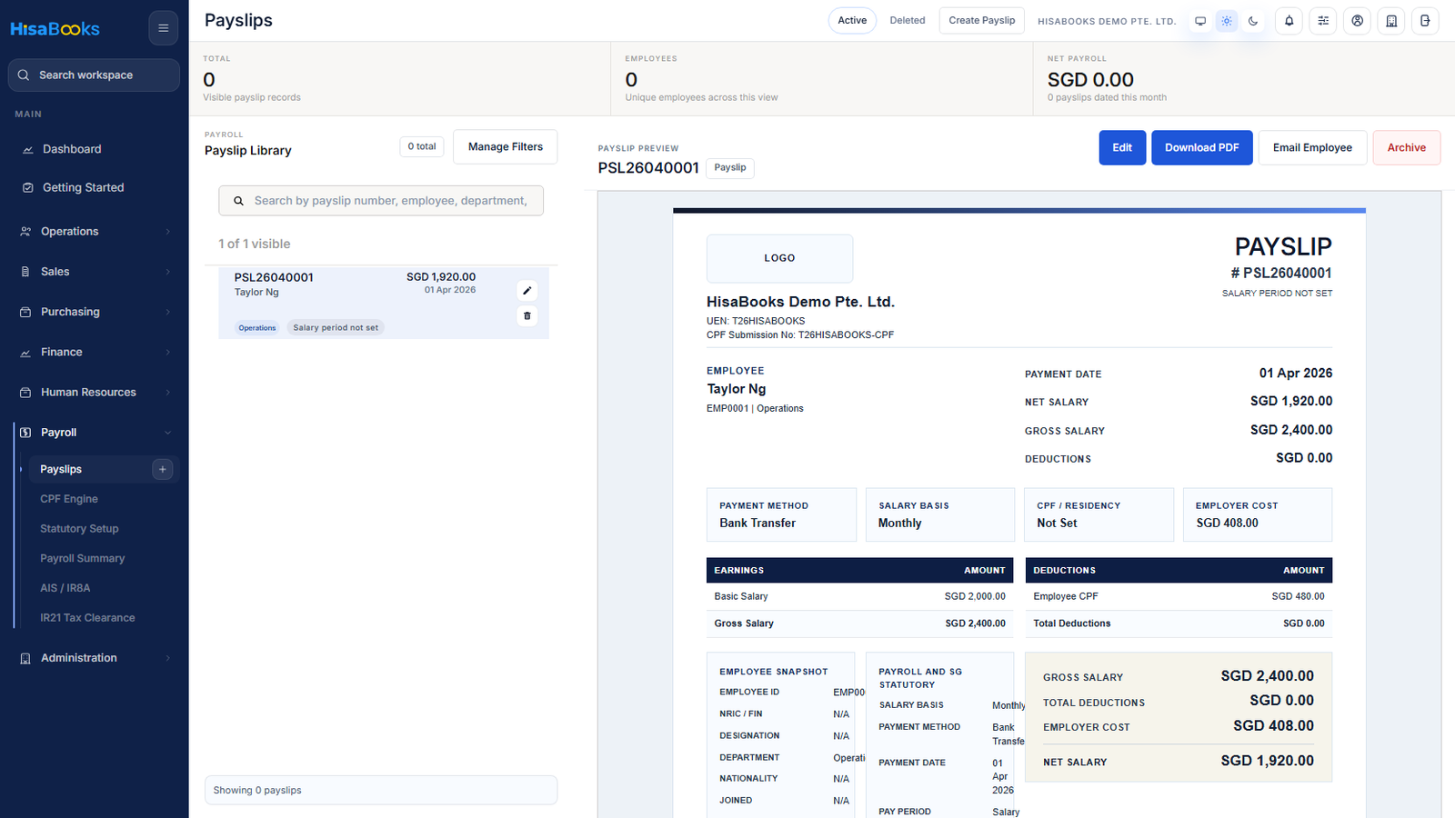 Payroll Support in HisaBooks