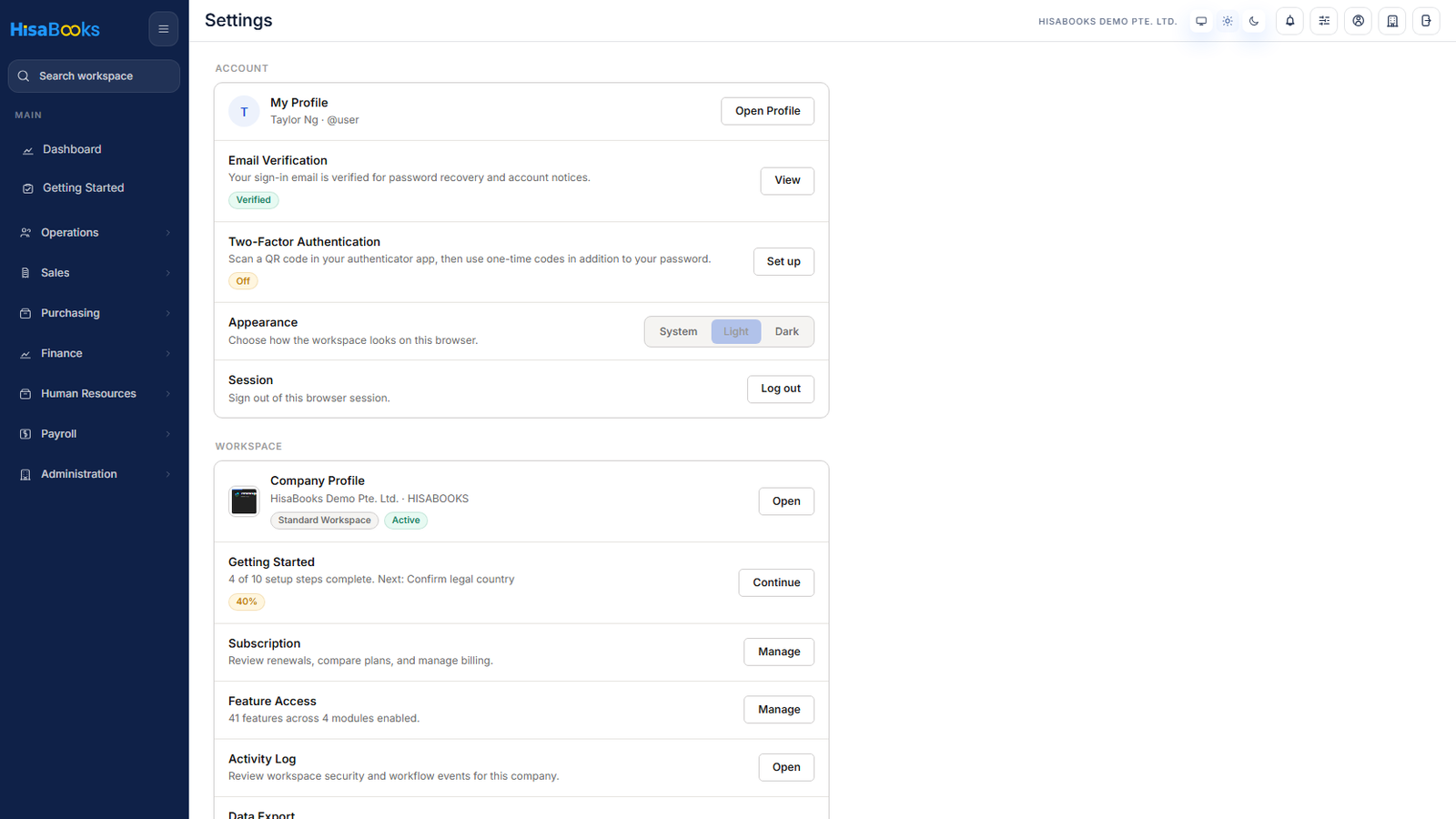 Workspace Core in HisaBooks